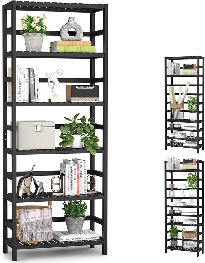 Homykic 6-Tier Bamboo Bookshelves and Bookcases, Adjustable 63.4”Tall Shallow Book Shelf Organizer Rack, Freestanding Storage Shelving Unit for Living Room, Kitchen, Bathroom, Office, Black