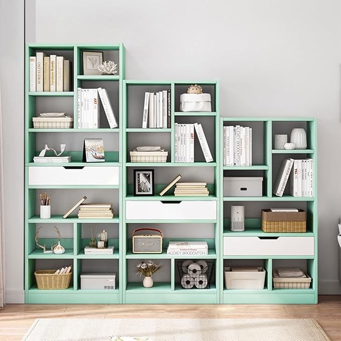 IOTXY Wooden Open Shelf Bookcase - 71 Inches Tall Freestanding Display Storage Cabinet Organizer with 10 Cubes and a Drawer, Floor Standing Bookshelf in Tiffany-Green