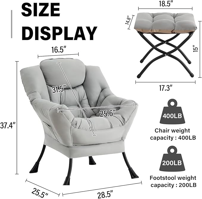 Lazy Chair with Ottoman, Modern Accent Chair Contemporary Lounge Leisure Sofa Chair with Armrests, Reading Chair and Folding Footstool Set for Living Room, Bedroom, Office, White Grey