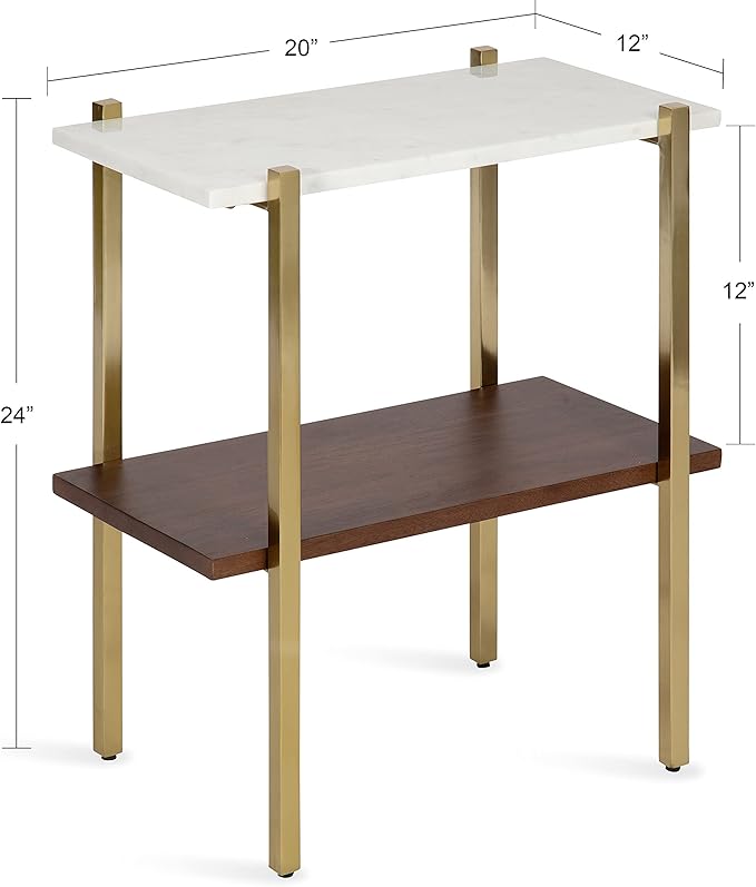 Kate and Laurel Abcott Midcentury Side Table, 20 x 12 x 24, Walnut Brown and Gold, Decorative Two-Tier Bedroom Nightstand Table with Genuine Marble Tabletop