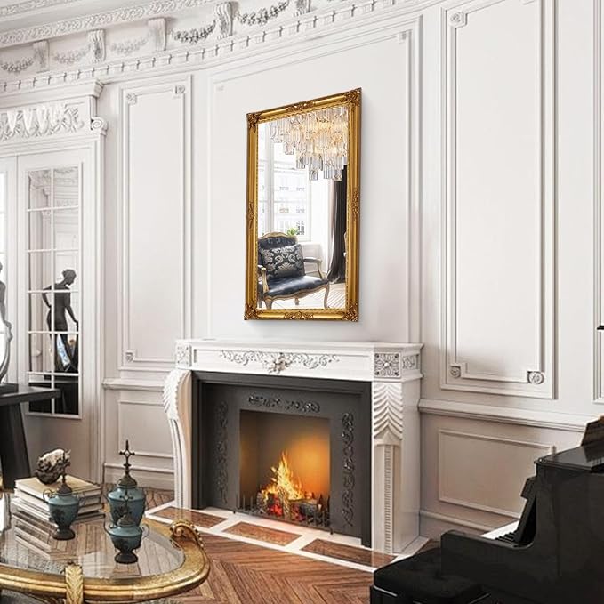 Large Decorative Mirror, 53"x29.5"Traditional Antique Baroque Mirror, Vintage Gold Decor for Living Room, Fireplace, Entryway, Horizontal/Vertical
