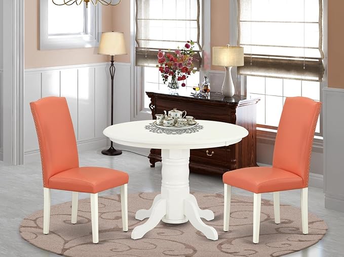 East West Furniture SHEN3-LWH-78 3 Piece Dining Table Set Contains a Round Kitchen Table with Pedestal and 2 Pink Flamingo Faux Leather Upholstered Chairs, 42x42 Inch, Linen White