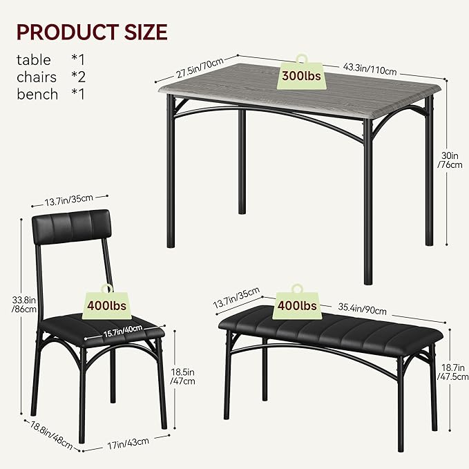Garvee Dining Table Set for 4, Kitchen Table with Upholstered Bench and 2 Chairs, 4-Piece Wooden Dining Table Set for Apartment, Dining Room, Small Space, Gray