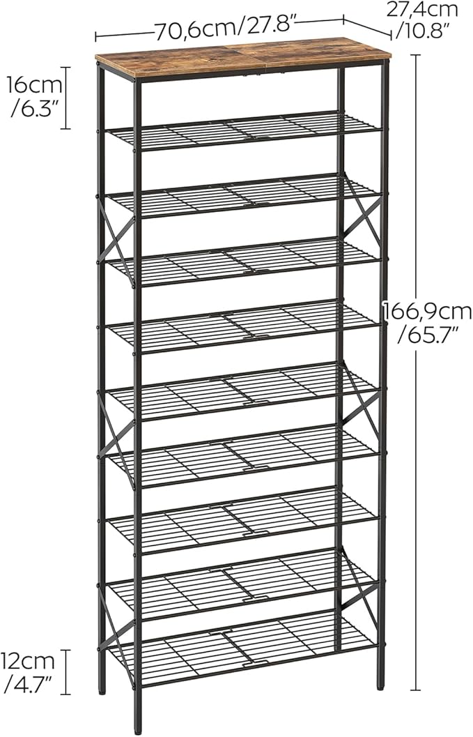 10 Tier Shoe Rack, Large Capacity Shoe Storage Organizer Holds 40 Pairs, Durable and Stable, for Entryway, Hallway, Closet, Dorm Room, Rustic Brown SS10BR