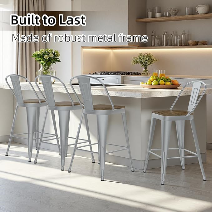 Metal Bar Stools Set of 4, High Back Bar Stools with Wooden Seat, 26 inch Silver Barstools for Kitchen Island