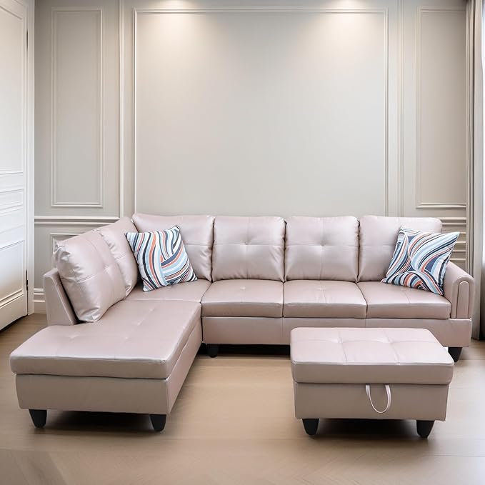 L Shaped Sectional Couches, Leather Couch Modular Sectional Sofa with Ottoman Storage, Modern L Shaped Couch with Chaise for Living Room Bedroom Apartment Furniture, Gray