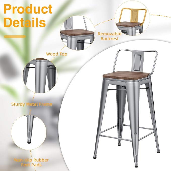 Yongchuang 26" Metal Barstools Set of 4 Low Back Bar Stool Counter Height Bar Stools with Wooden Top Silver