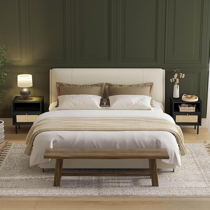 Rattan Night Stand Set 2, Boho Bedside Table Black Nightstand with Rattan Door, Storage Cabinet, Open Storage Space & Sturdy Metal Legs, Accent Bed Side Table, Wood End Tables Bedroom