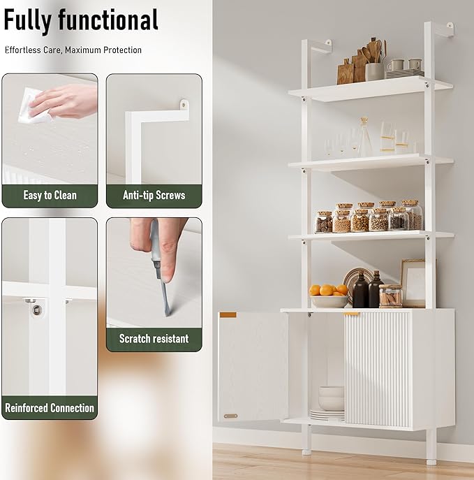 74" Tall Bookshelf with Storage Cabinet, Modern Ladder Shelf with Wood and Metal Frame, Wall Mount Bookcase Open Display Shelf Furniture for Living Room, Bedroom, Home Office, White