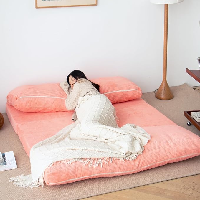 N&V L92×W58 Inch Large Folding Matress Sofa Bean Bag, Foam Filling Folding Matress Sofa, Includes Removable and Machine Washable Cover, Patent No.: US D1,018,079 S (Salmon Pink, Large Corduoy), 94024