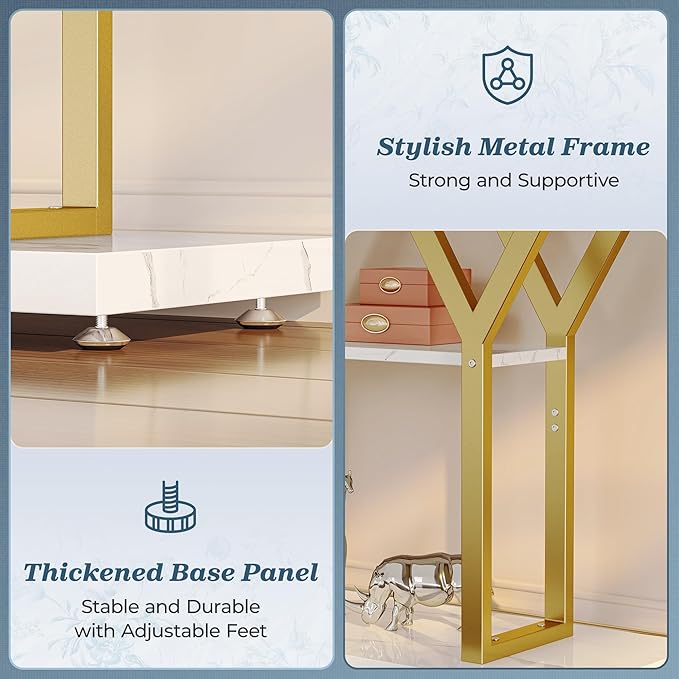 Huuger 47.2 Inch Entryway Table with Marble Top, Industrial Console Sofa Table, 3 Tier Accent Table, for Entry, Hallway, Entrance, Foyer, Y-Shaped Metal Base, Rusitc Brown