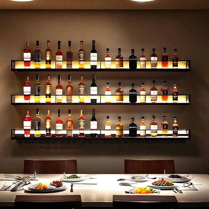 55in Wall-Mounted Metal Wine Rack with LED Lights 3-Tier Floating Bar Shelves with Wine Glass Rack Large Wine Bottle Display Rack Hanging Shelf, for Home Bar Dining Room Decorative (black, 140cm/55in)
