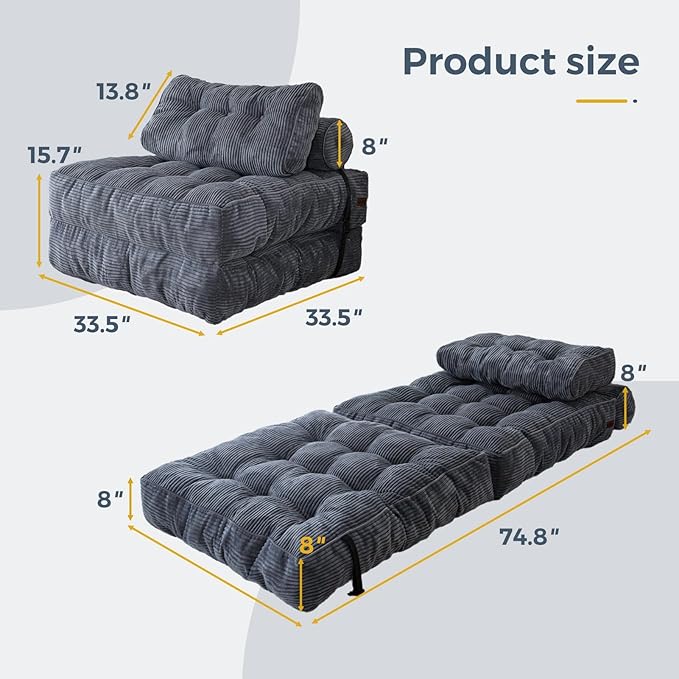 MAXYOYO Folding Sofa Bed, Convertible Sleeper Chair with Pillow Foldable Mattress with Back Support, Portable Fold Out Chair Bed Comfy Floor Sofa Lounge for Living Room Bedroom, Dark Grey, Single