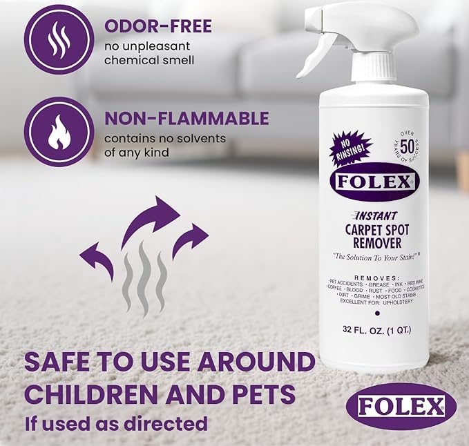 FOLEX 32 oz Instant Carpet Spot Remover Carpet Cleaner with Reusable Cleaning Cloth - Removes Pet Accidents, Grease, Red Wine and More (6 Pack)
