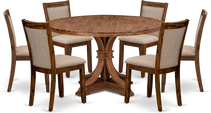 I7MZ7-50N-04 7-Pc Dining Set consists of a Pedestal Dining Table and 6 Light Tan Polyester Fabric Dining Chairs with Padded Back - Antique Walnut Finish