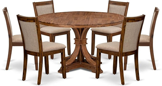 I7MZ7-50N-04 7-Pc Dining Set consists of a Pedestal Dining Table and 6 Light Tan Polyester Fabric Dining Chairs with Padded Back - Antique Walnut Finish