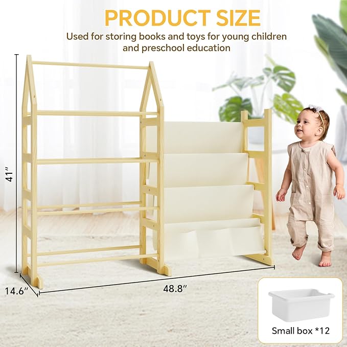 Wooden Toy Storage Organizer Kids Bookshelf, with 12 Toy Organizer Bins, Child Book Shelf for Kids Rooms, Nursery, Baby Room, Playroom, Montessori Toys Storage Organizers Rack Bookcase Shelves