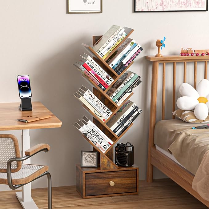 8 Tier Tree Bookshelf with Drawer, Free Standing Wood Bookcase for Narrow Space, Storage Organizer Bookshelves for Books, Book Case for Home Office, Living Room, Bedroom, Rustic Brown