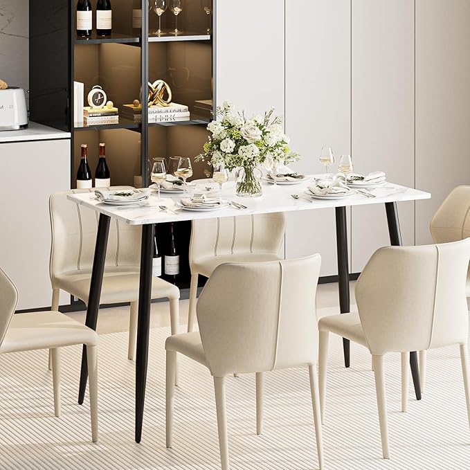 Garden 4 you Wood Dining Table for 4-6 People, Modern Rectangular Indoor Dinner Table, 47" Metal Frame Kitchen Table with Legs for Kitchen, Dining Room, Living Room, White