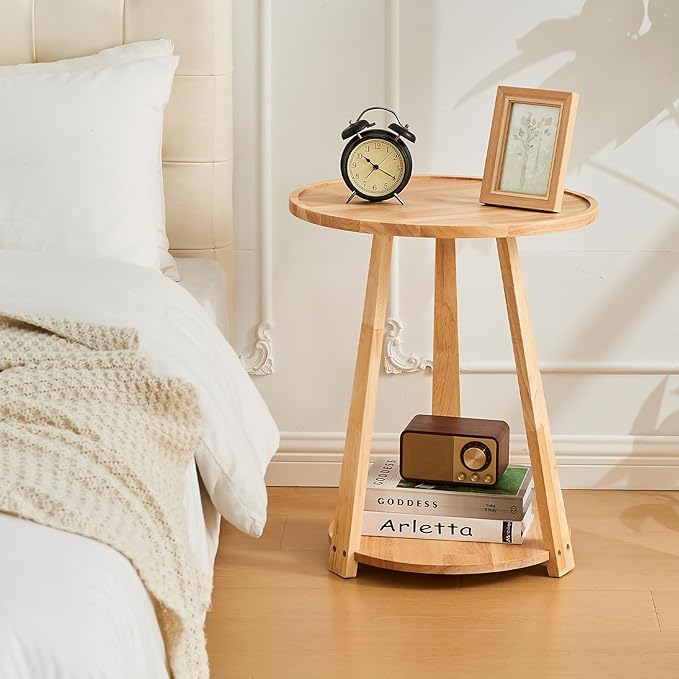 Uniclinens Round End Table, Solid Wood Round Side Coffee Table, Small Bedside Nightstand for Living Room Bedroom, Natural