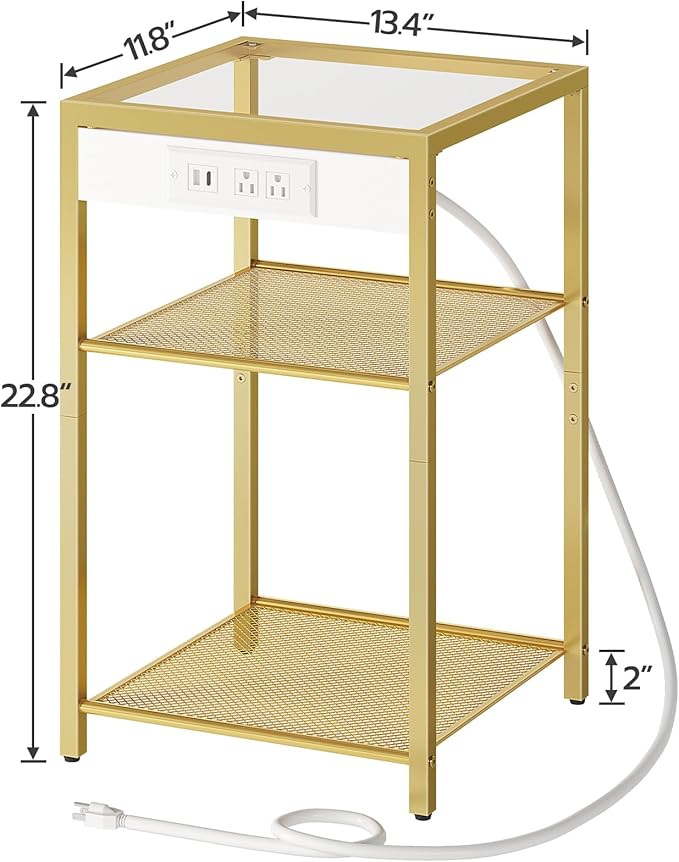 HOOBRO End Table with Charging Station, Side Table with USB Port & Power Outlets, 3-Tier Slim Nightstand with Storage Shelves, Tempered Glass, for Living Room, Bedroom, Gold GD77UBZ01