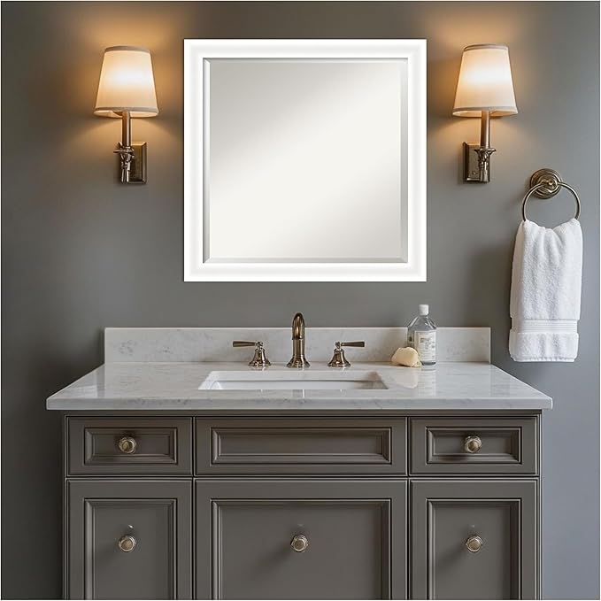 Amanti Art White Bathroom Mirror for Over Sink, 23x23 Oliver White Narrow Square Vanity Mirror, Medium Modern Wood Frame, Hangs Horizonally and Vertically, Bathroom Wall Decor, Beveled Edge