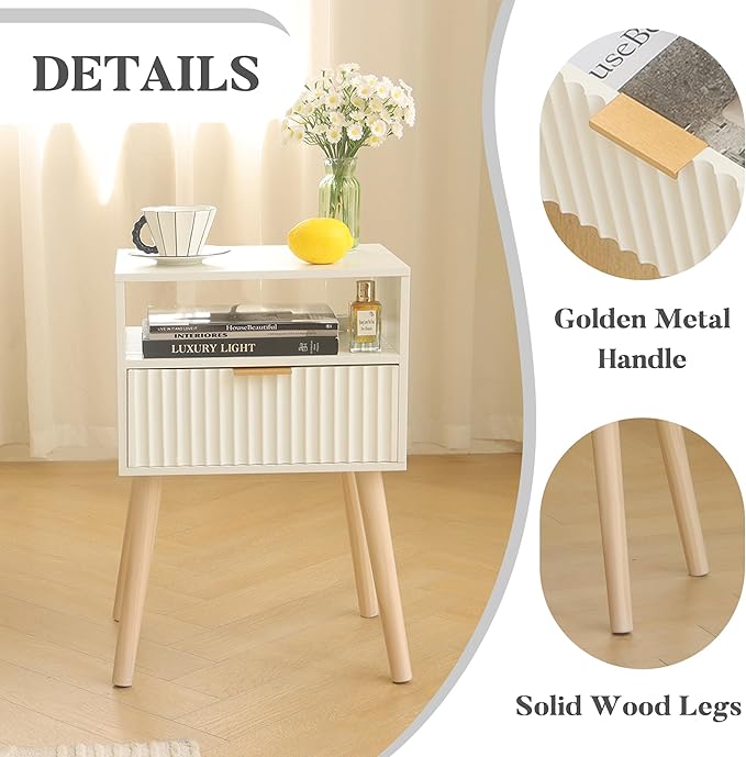 Night Stand, White Bedside Table with Drawers and Open Shelf, Fluted Nightstand with Solid Wood Legs for Bedroom, Dorm and Small Space (White)