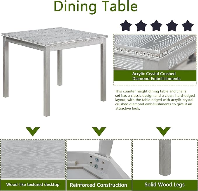 KEIKI 5-Piece Standard Height Dining Table Set with Square Table and 4 Upholstered Chair, for 4 Person, Classic Crystal Decoration Wood Table Set, Easy Assembly, for Kitchen, Dining Room, Silver Grey