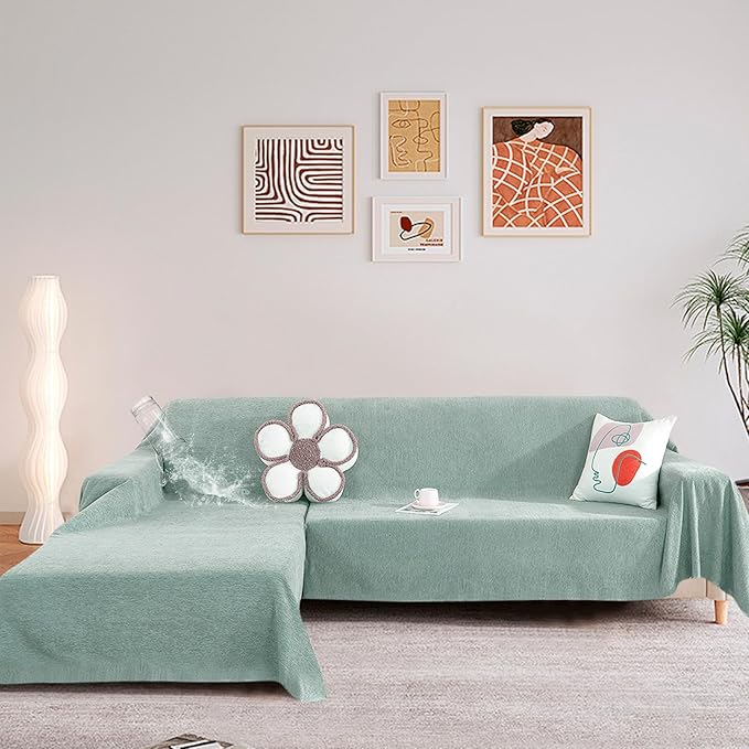 STACYPIK 100% Waterproof Sea Green Sofa Covers, Couch Cover for Sectional, Anti-Cat Scratch Furniture Protector, Washable Jacquard Sofa Cover for Dogs, Kids, Wear Resistant Sofa Slipcover-71X90IN