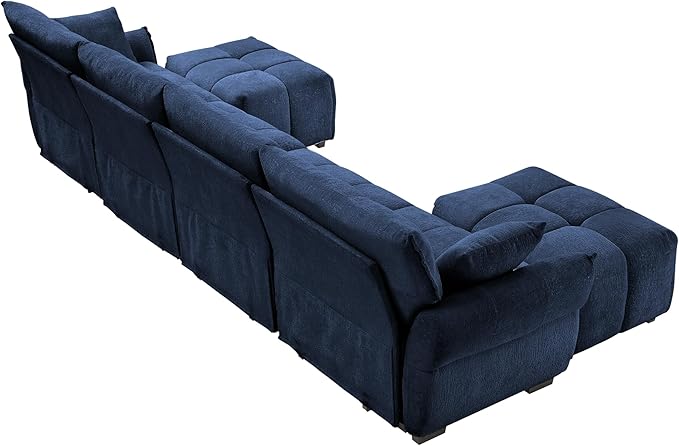 Modern Chenille Fabric 4-Seat Sofa w/Two Ottoman+2 Pillows, Premium Upholstery Living Room Couch with Tufted Backrest & Comfortable Armrests and High-Resilience Memory Foam Cushions,Blue
