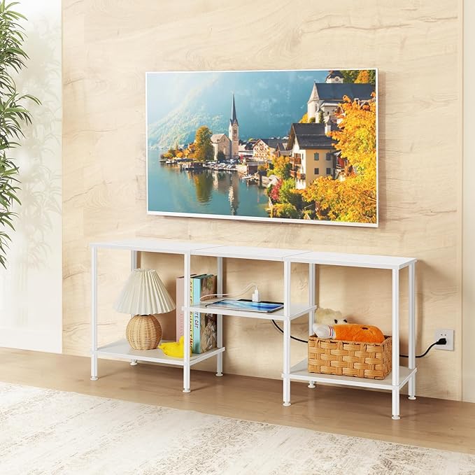 TV Stand for Bedroom up to 50 Inch Modern TV Stands with Power Outlets Small Entertainment Center with Storage 3 Tier TV Cabinet Console Table for Living Room Bedroom Office, White