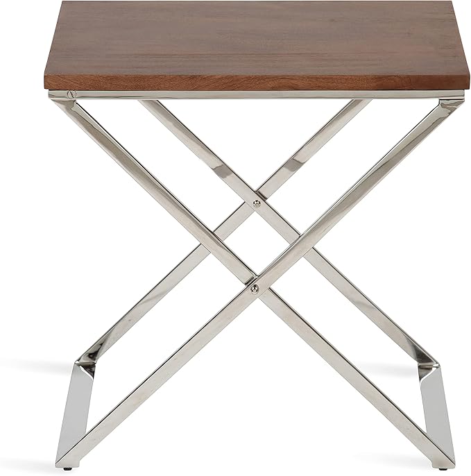 Kate and Laurel Laraway Modern Side Table, 21 x 15 x 21, Walnut Brown and Silver, Metal End Table with Solid Wood Tabletop and Foldable Frame