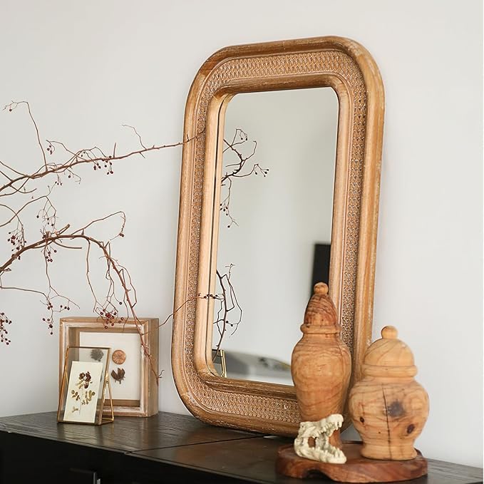 Micasso Rustic Wicker Wall Mirror: 30x22 in Purely Handmade Wooden Frame Rattan Mirror - Rectangular Shabby Chic Boho Bamboo Mirrors for Farmhouse/Bathroom/Bedroom/Living Room/Home Decor