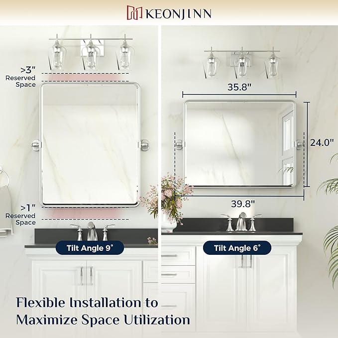 Keonjinn 24 x 36 in Silver Pivot Mirror, Satin Nickel Beveled Tilt Mirror Bathroom Rectangle, Adjustable Tilted Mirrors Bathroom for Over Sink, Framed Vanity Mirrors for Wall (Horizontal/Vertical)
