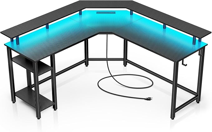 Rolanstar L Shaped Gaming Desk with LED Lights & Power Outlets, 53" Computer Desk with Full Monitor Stand & Storage Shelf, Corner Desk with Hooks, Carbon Fiber Desk Reversible