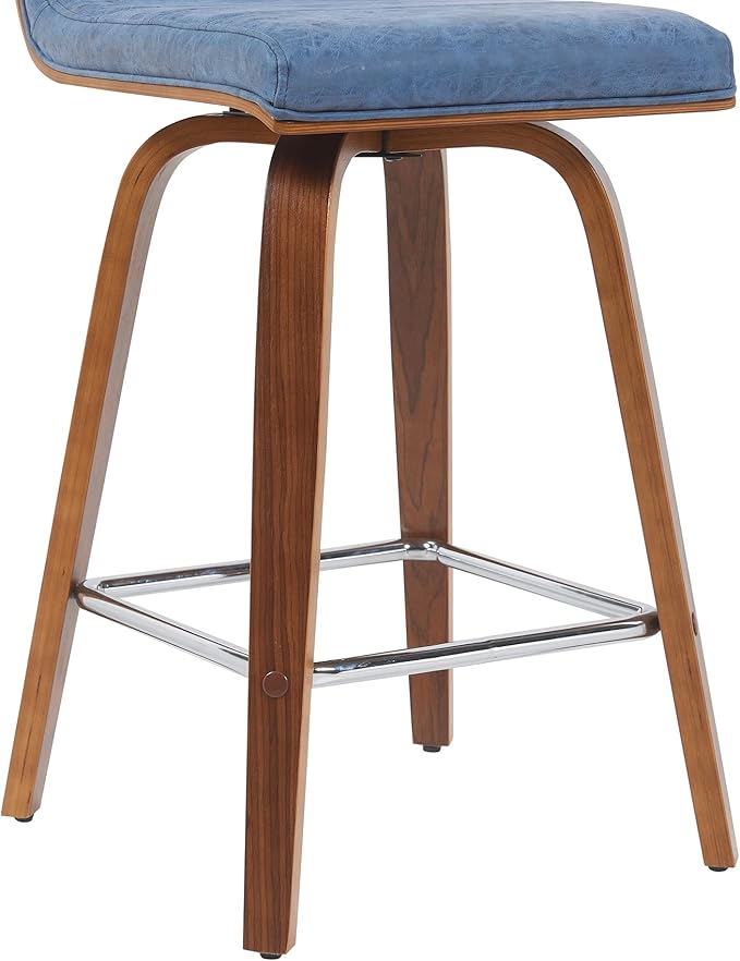 Vienna Modern Counter Height Swivel Bar Stool with Vintage Blue Upholstered Seat and Walnut Finished Wood Frame Set of 4