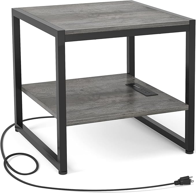 Homieasy End Table with Charging Station, 20 Inch Mini Fridge Stand with 2-Tier Open Shelf, Square Bedside Nightstand & Sofa Side Table for Living Room, Dorm, Office,Black Oak