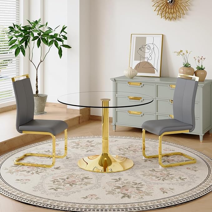 Dining Chairs Set of 2, Faux Leather Dining Chairs with Plated Chrome Metal Frame, Modern Kitchen Chairs Set with Padded Seat High Back for Dining Room, Kitchen Room, Living Room.