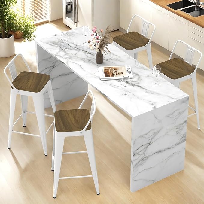 White Bar Stools Set of 4, Metal Bar Stools with Wooden Seat, Modern 30”Counter Height Barstools with Low Back