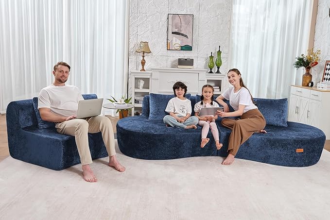 Homguava 130'' Modular Sectional Sofa,Curved Modern Sofa with Memory Foam,Deep Seat Cloud Couch with 4 Pillows,Upholstered Oversized Couches for Living Room Apartment Office,No Assembly Required-Blue