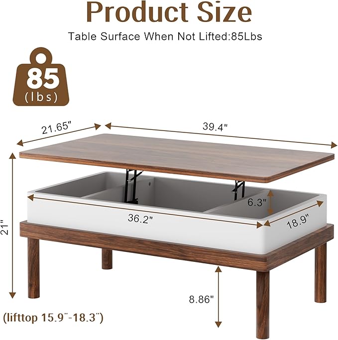 Shintenchi Coffee Table, Lift Top Coffee Table with Hidden Compartment, Rising Tabletop Dining Table, Lift Top Coffee Center Table for for Living Room, Office, Home (Walnut)