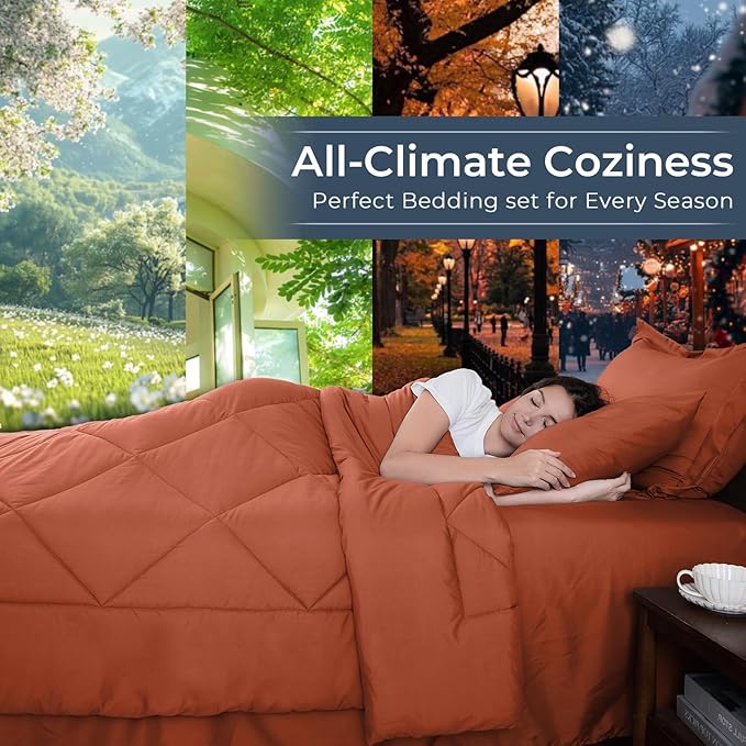 HEVUMYI Burnt Orange Twin-XL Comforter Set - 5-Piece All Season Bed in a Bag Twin-XL, Ultra Soft Bedding Set with Comforter, Flat Sheet, Fitted Sheet, Pillowcases, Pillow Shams