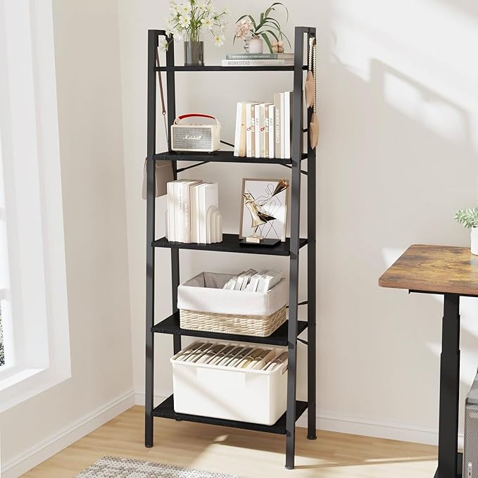 Ladder Shelf, Bookshelf Bookcase, Freestanding Corner Storage Shelve with 2 Hooks for Home Office, Living Room, Kitchen, Bedroom, Industrial, 5-Tier Black BC19304B