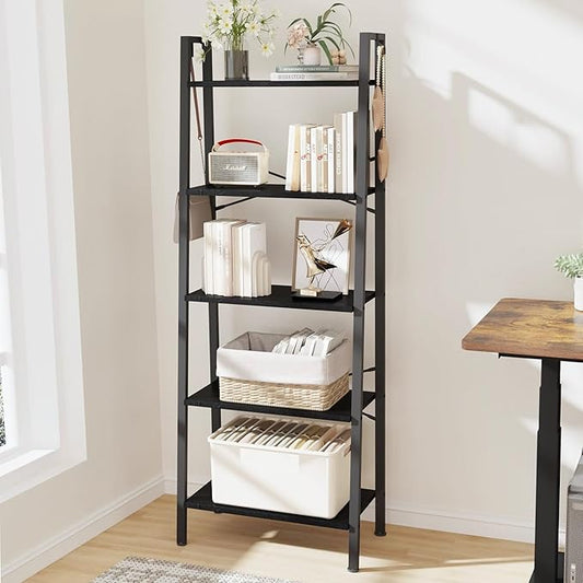 Ladder Shelf, Bookshelf Bookcase, Freestanding Corner Storage Shelve with 2 Hooks for Home Office, Living Room, Kitchen, Bedroom, Industrial, 5-Tier Black BC19304B