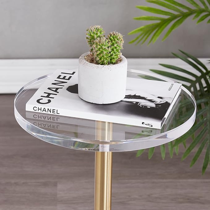 LIKENOW Furniture Acrylic Side Table,Clear Small Round End Table for Living Room,Bedroom,Office | Modern Nightstand with Marble Base,Gold Post,Clear Top for Drink,Food,Snack,Assembly(White)