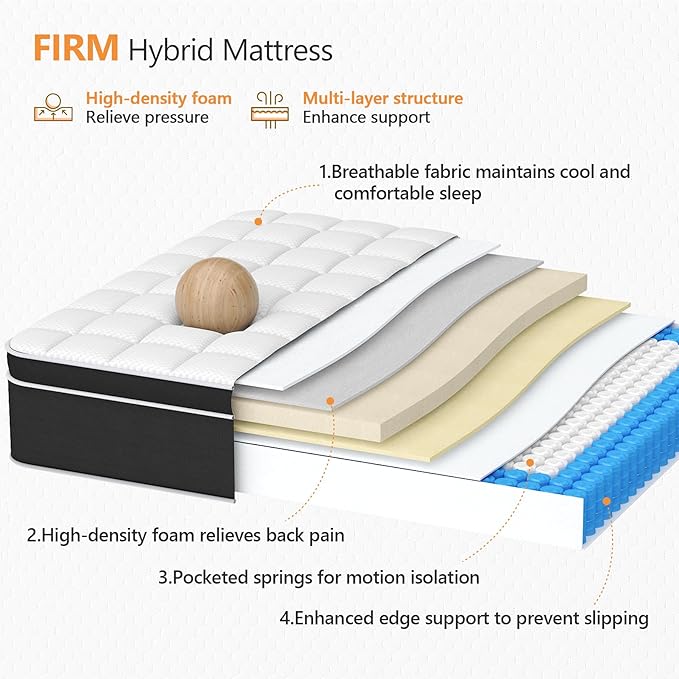 Firm King Size Mattress, 12 Inch Hybrid King Bed Mattress with Gel Memory Foam and Pocket Springs, Comfort Bed in a Box, Pressure Relief and Motion Isolation, 365-Night Trial, CertiPUR-US