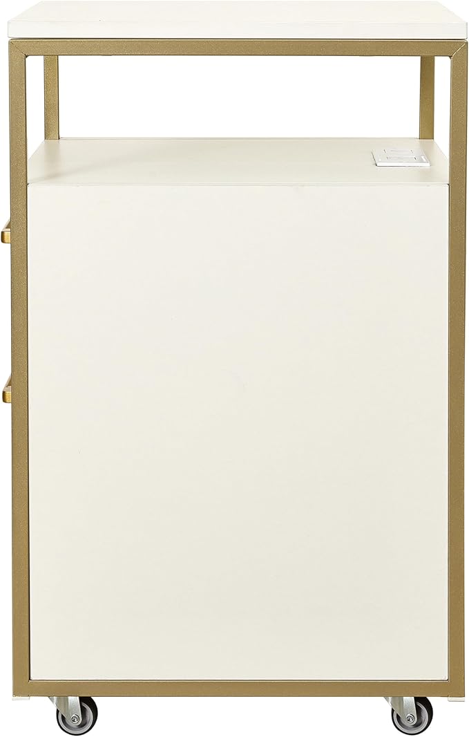 Modern 2-Drawer Rolling File Cabinet with Lock, 2 USB Ports and Power Outlet for Device Charging, Portable File Organizer or Printer Stand for Office or Home with Locking Wheels, White & Gold