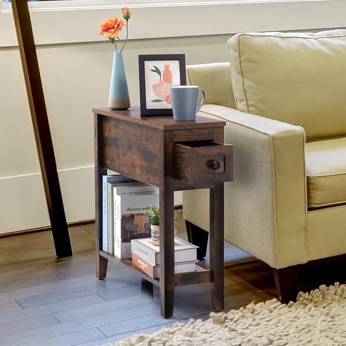 Brown Chairside Narrow End Table, Solid Wood Recliner Side Table with Drawer, Slim Nightstand Bedside Table for Living Room Bedroom