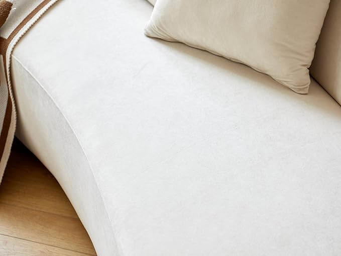 Container Furniture Direct 90" Curved Sofa with Throw Pillows, 4 Seater Luxury Velvet Couch with Half Moon Design and High-Density Foam, Ideal for Modern Living Room, Office & Apartment, Ivory White