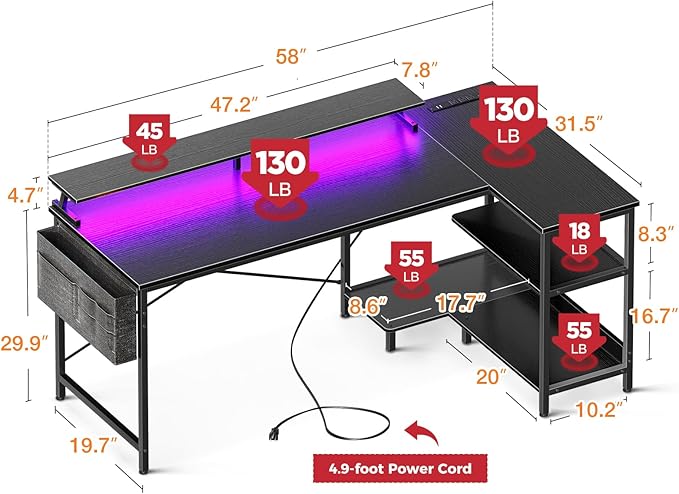 ODK 58 Inch Gaming Desk with USB Charging Ports and LED Lights, Reversible L Shaped Computer Desk with Storage Shelves & Monitor Stand, Corner Gamer Desk Table with Power Outlets, Black